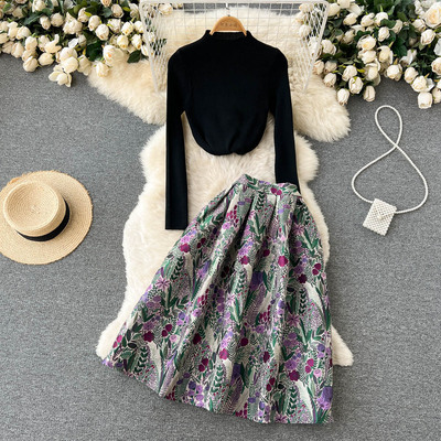 Vintage printed a-hem high-grade sense floral pleated puffy skirt women’s stand collar bottomed sweater two-piece suit alx