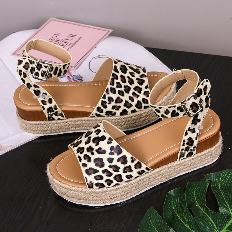 Wedges Shoes of Women Summer 2022 Leopard Open Toe Flat Roman Sandals Leopard Straw Platform Sandals Size 43 Zapatillas Mujer alx