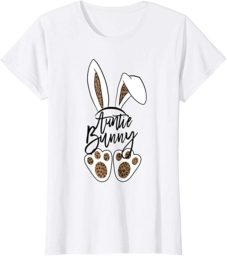 Womens Cute Easter Rabbit Ear and Feet Auntie Bunny Leopard Print T-Shirt