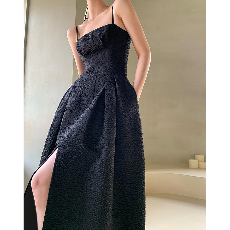 SuperAen 2021 New Texture Jacquard Vintage Black Spaghetti Strap Square Collar A-Line Ankle-Length Dresses Women alx