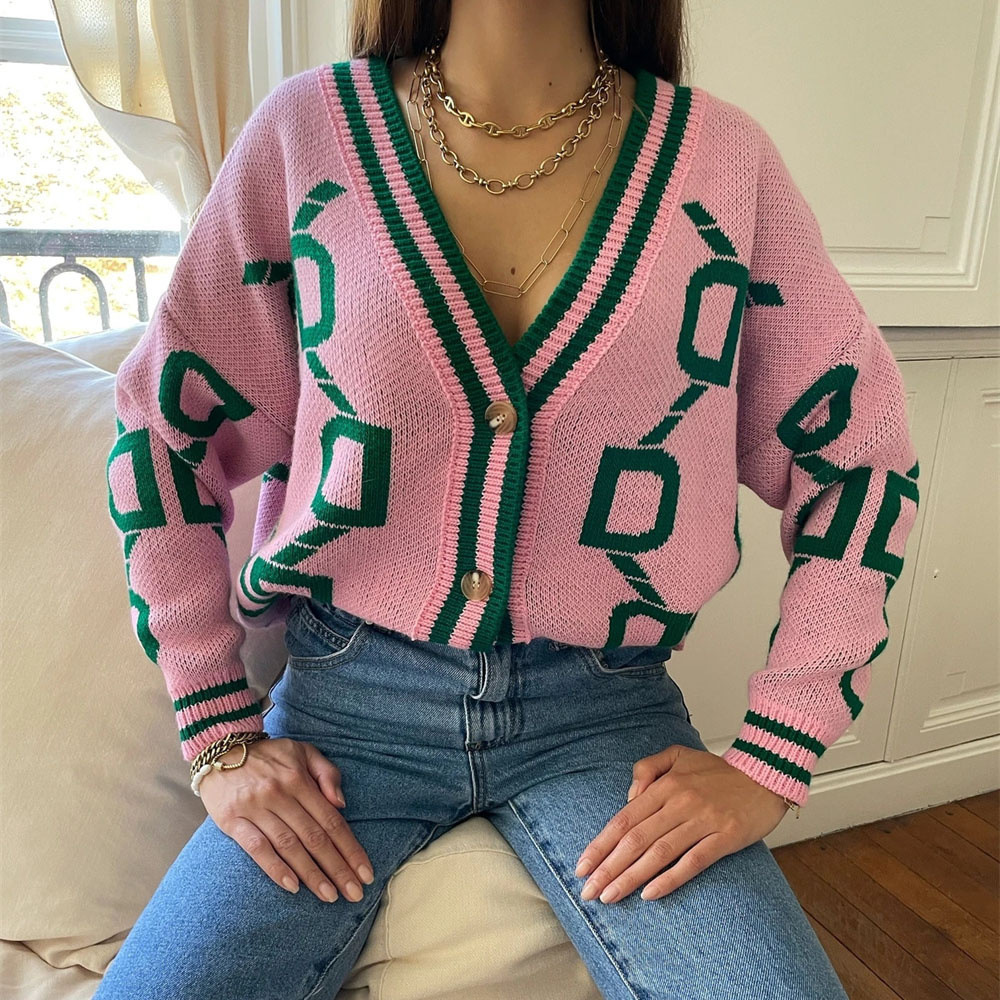 Women Cardigan Green Striped Pink Knit Single Breasted Lady Cardigans Sweaters V-neck Loose Casual Winter Fashion Knitted Coat alx