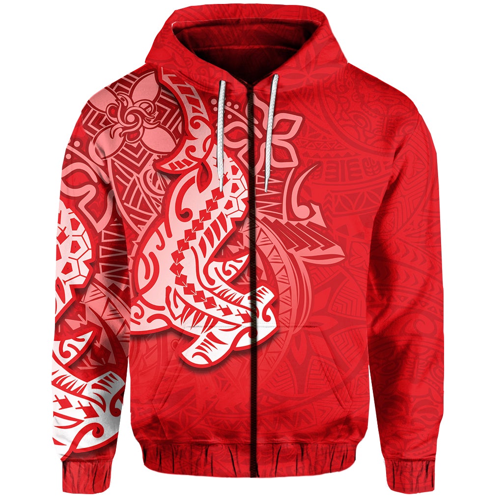 (Custom Personalised) Hammerhead Shark Zip Hoodie Polynesian Red Style Lt6