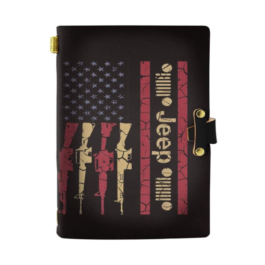 Custom Leather Notebook Jeeps American USA Flag Notebook – Size M / Black