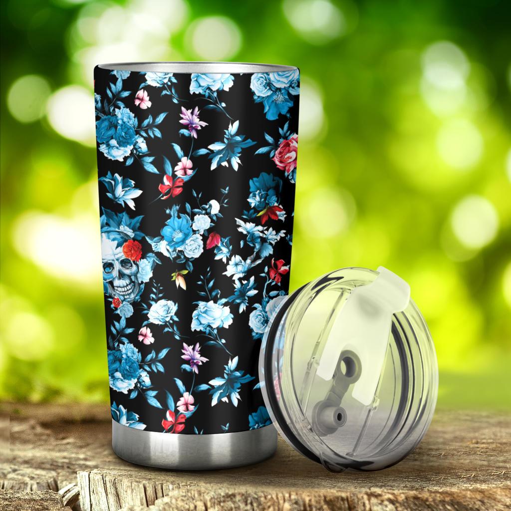 Skull Flower Roses Leave Pattern Tumbler