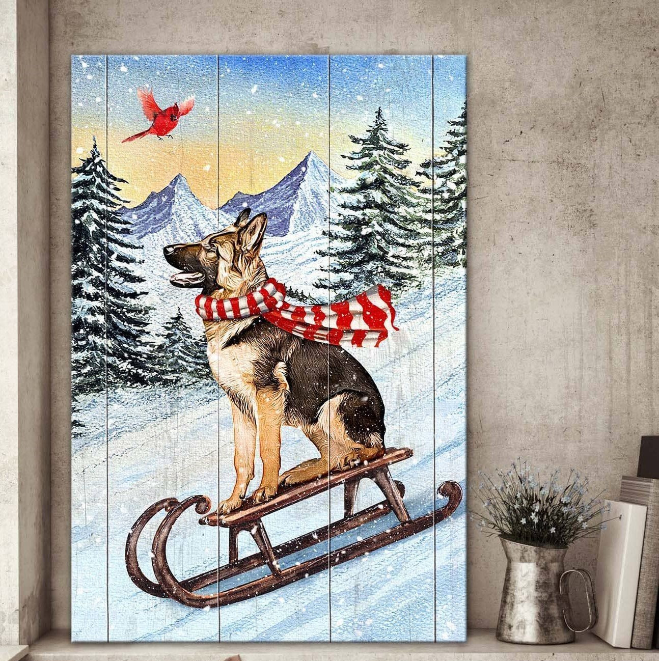 Cardinal And German Shepherd Dog Poster – Dog Skiing Canvas Home Decoration Christmas Gifts For Men Boy Husbands Father Son Friend