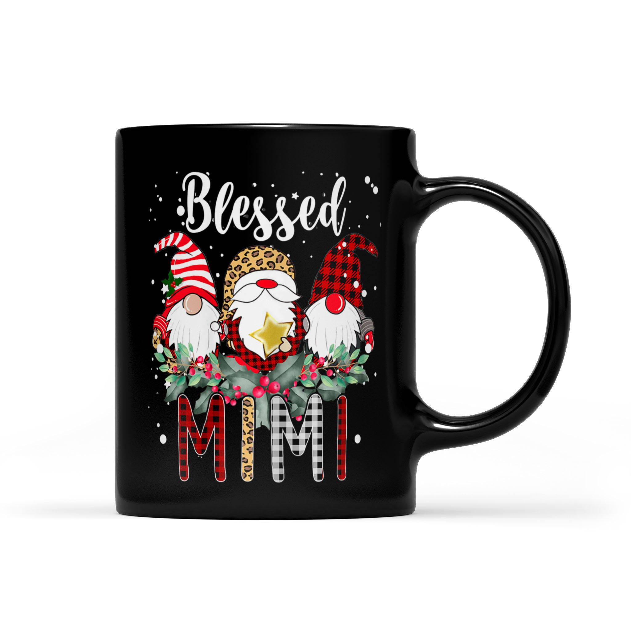 Blessed Mimi Christmas Leopard Buffalo Plaid Gnomies – Black Mug