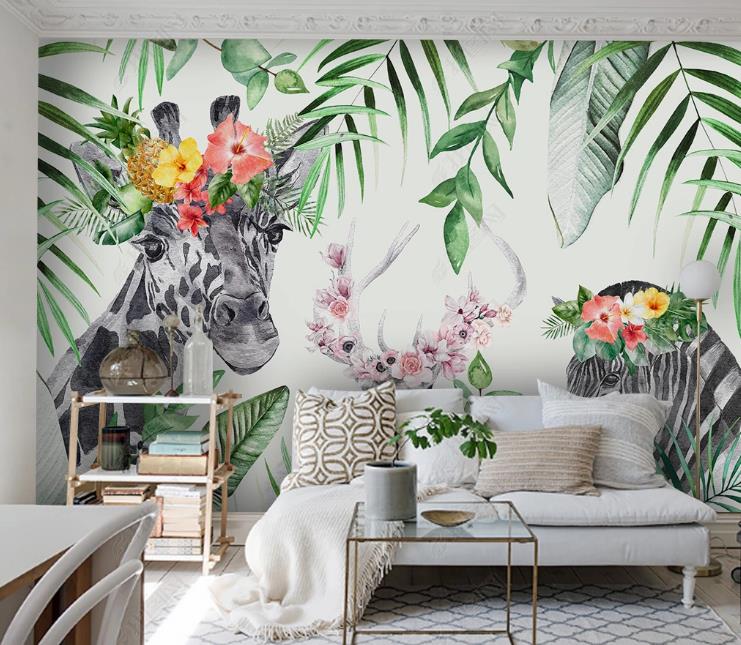 3D Northern Europe Hand-Painted Tropics Plant Animal White Wall Mural Wallpaper Sww1403