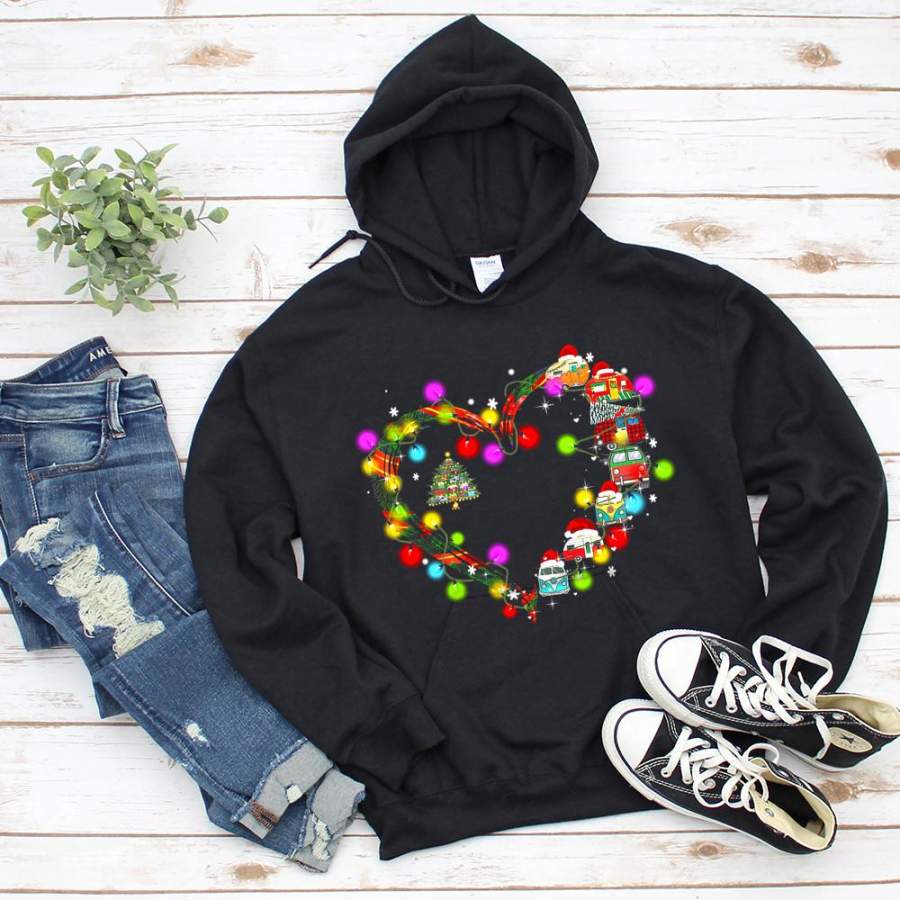 Christmas camping heart santa claus christmas tree light gifts ornament black hoodie for men and women S-5XL