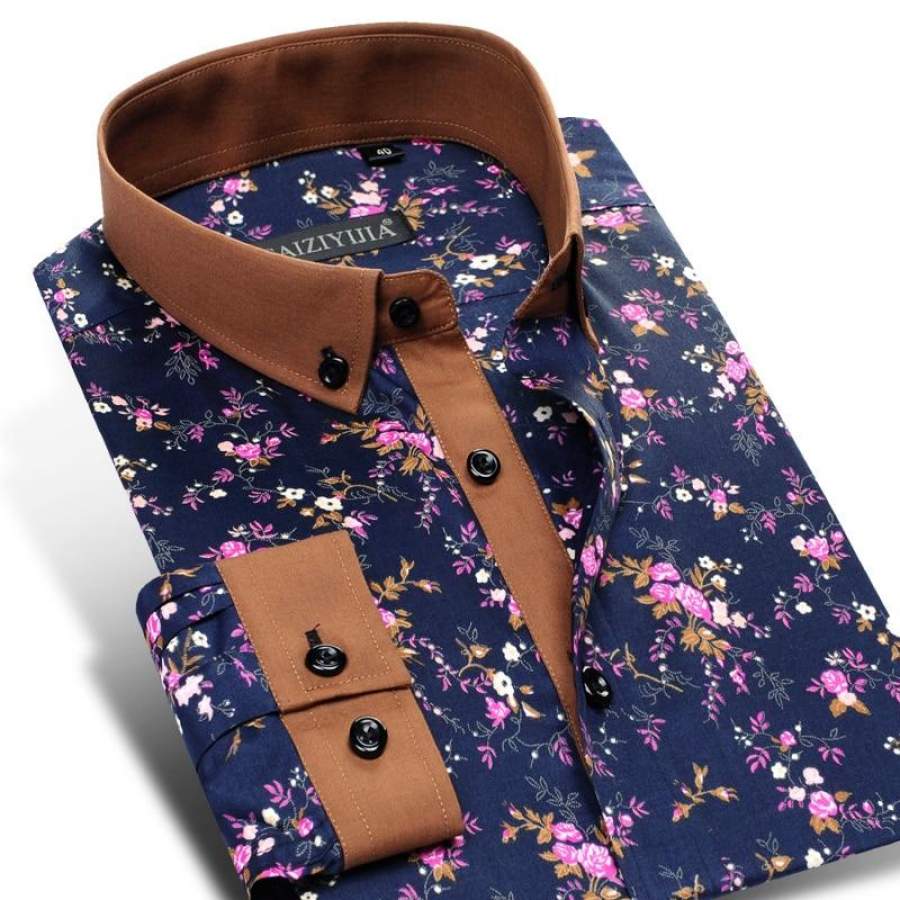 Men's 100% Cotton Floral Print Long Sleeve Flower Dress Shirt Contrast ...