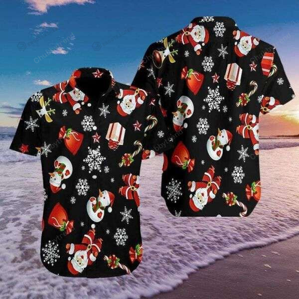 Merry Christmas So Cute Santa Snowman Black Pattern Hawaii Shirt Ha64230