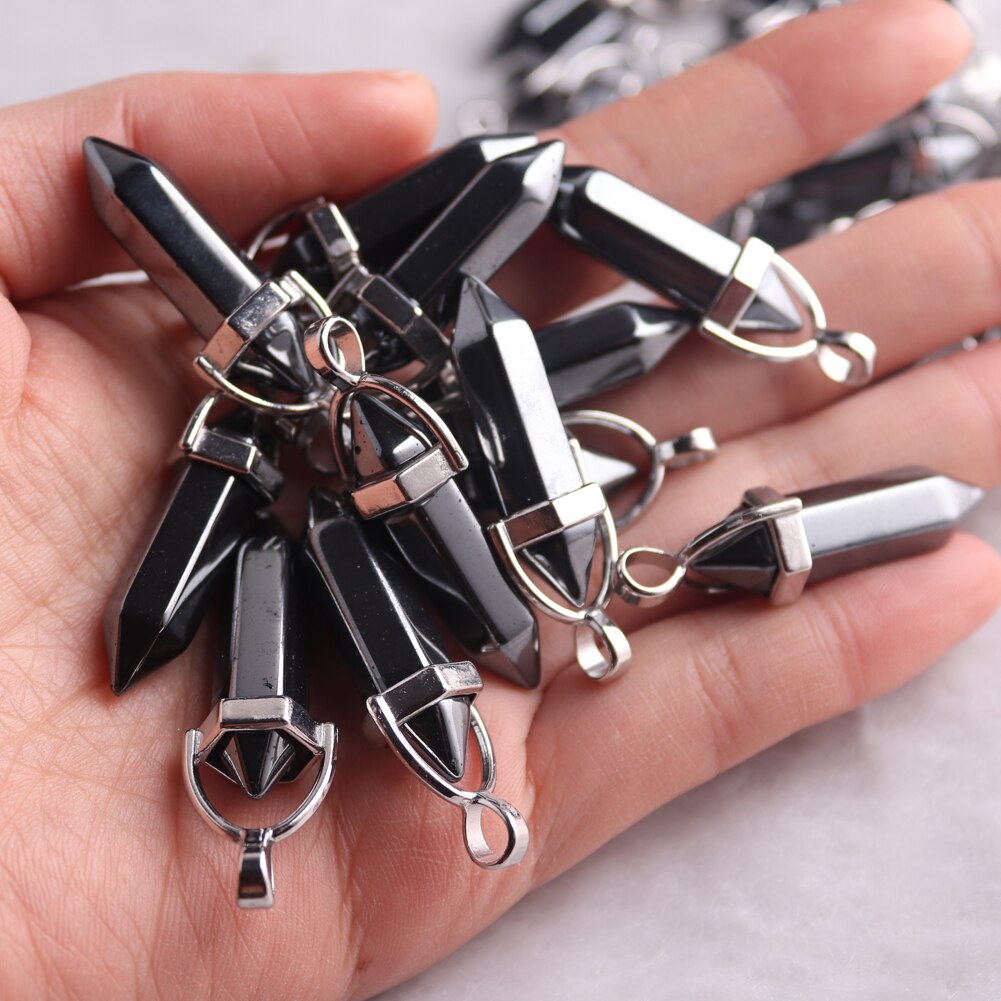 50/100pcs Hematite Stone Hexagonal Column Necklace Pendants Natural Stone Quartz Pillar Healing Bullet Trendy Jewelry Wholesales alx