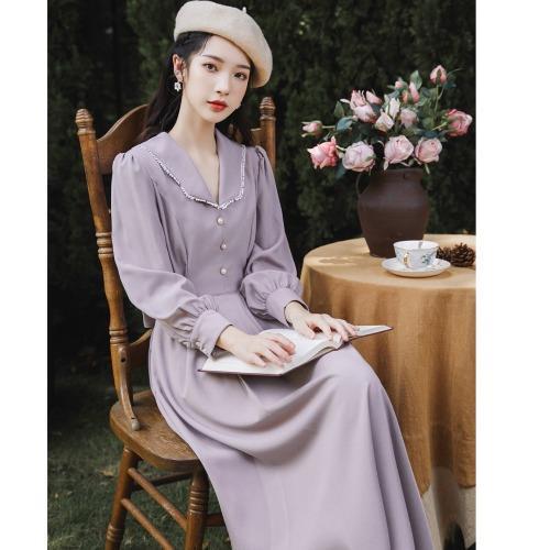 Spring and Autumn Women’s French Dress 2021 New Temperament Retro Doll Collar Purple Medium Length Dress Women’s Dressc dress alx