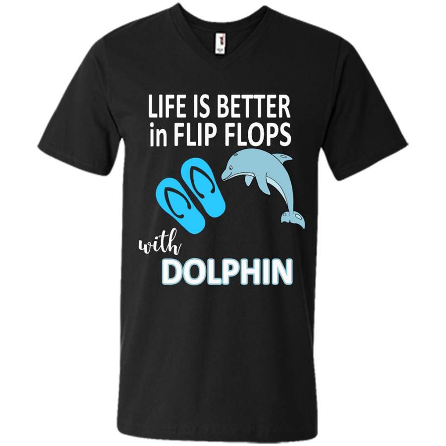 Life Is Better In Flip Flops With Dolphin – Canvas Unisex V-Neck Shirt