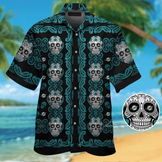 Miami Dolphinsskull Short Sleeve Button Up Tropical Aloha Shirt