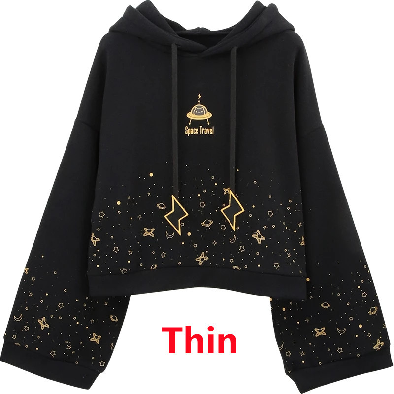 Autumn Women Kawaii Short Hoodie Harajuku Flare Long Sleeve Starry Sky Print Lightning Embroidery Drawstring Hooded Sweatshirt alx