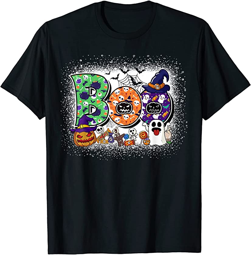 Boo Halloween Costume Pumpkin Witch Candy Spider Bleached T-Shirt