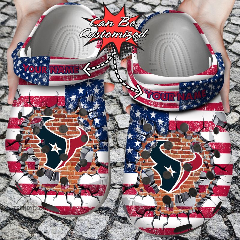 Football Personalized HTexans American Flag Breaking Wall Clog Shoes