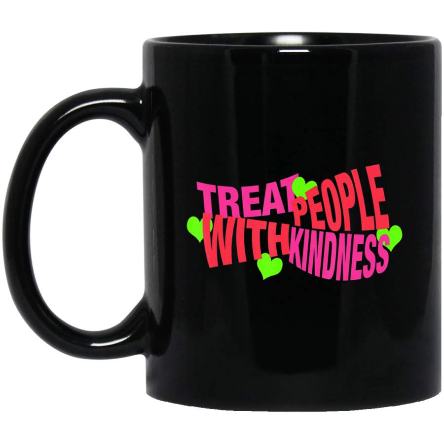 Treat People With Kindness Gift 11oz 15oz Black Mug Happy Easter Day Funny Colors Eggs Bunny Ears Peeps Cute