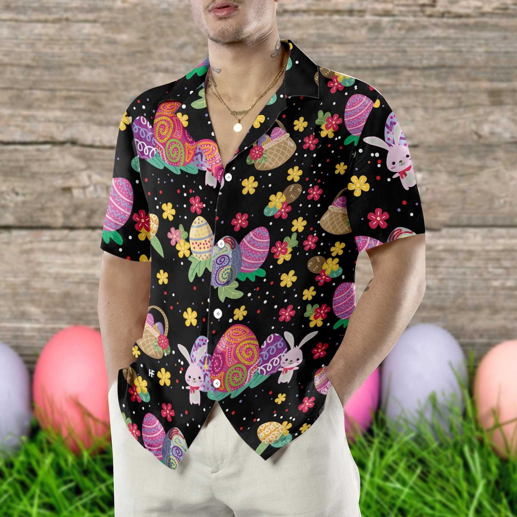 High Quality Happy Easter Eggs Bunny Flowers Colorful Hawaii Aloha Shirts Dh Ha91786