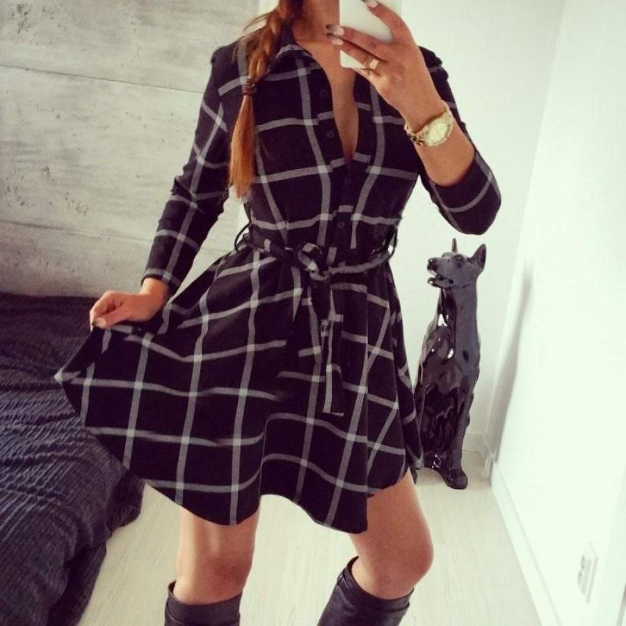Autumn Plaid Dresses 2018 Explosions Leisure Vintage Dress Fall Women Check Print Spring Casual Shirt Dress Mini Dress Q0035