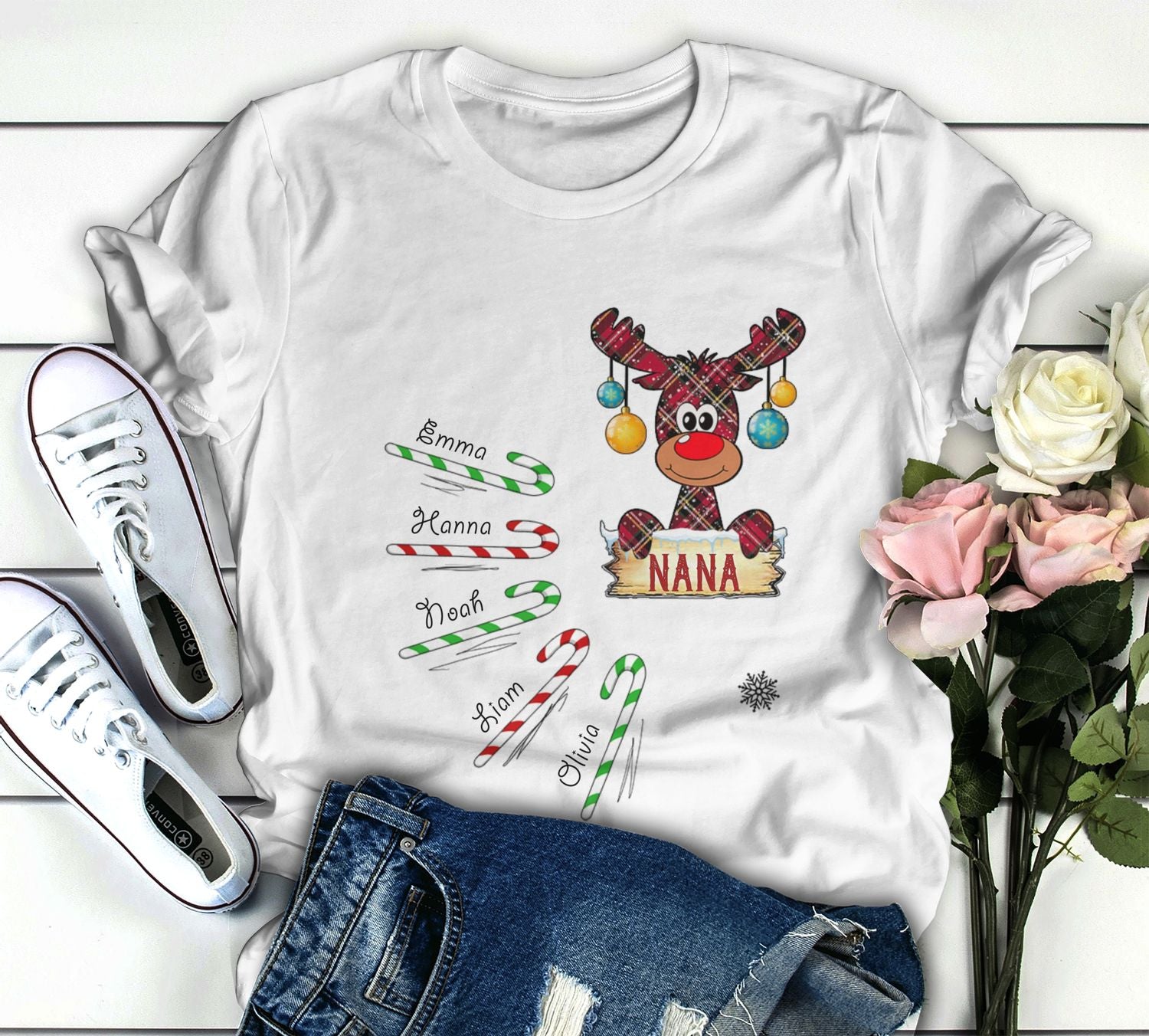 Personalized T-Shirt For Nana Reindeer & Candy Cane Printed Custom Grandkids Name Christmas Shirt Plaid Design