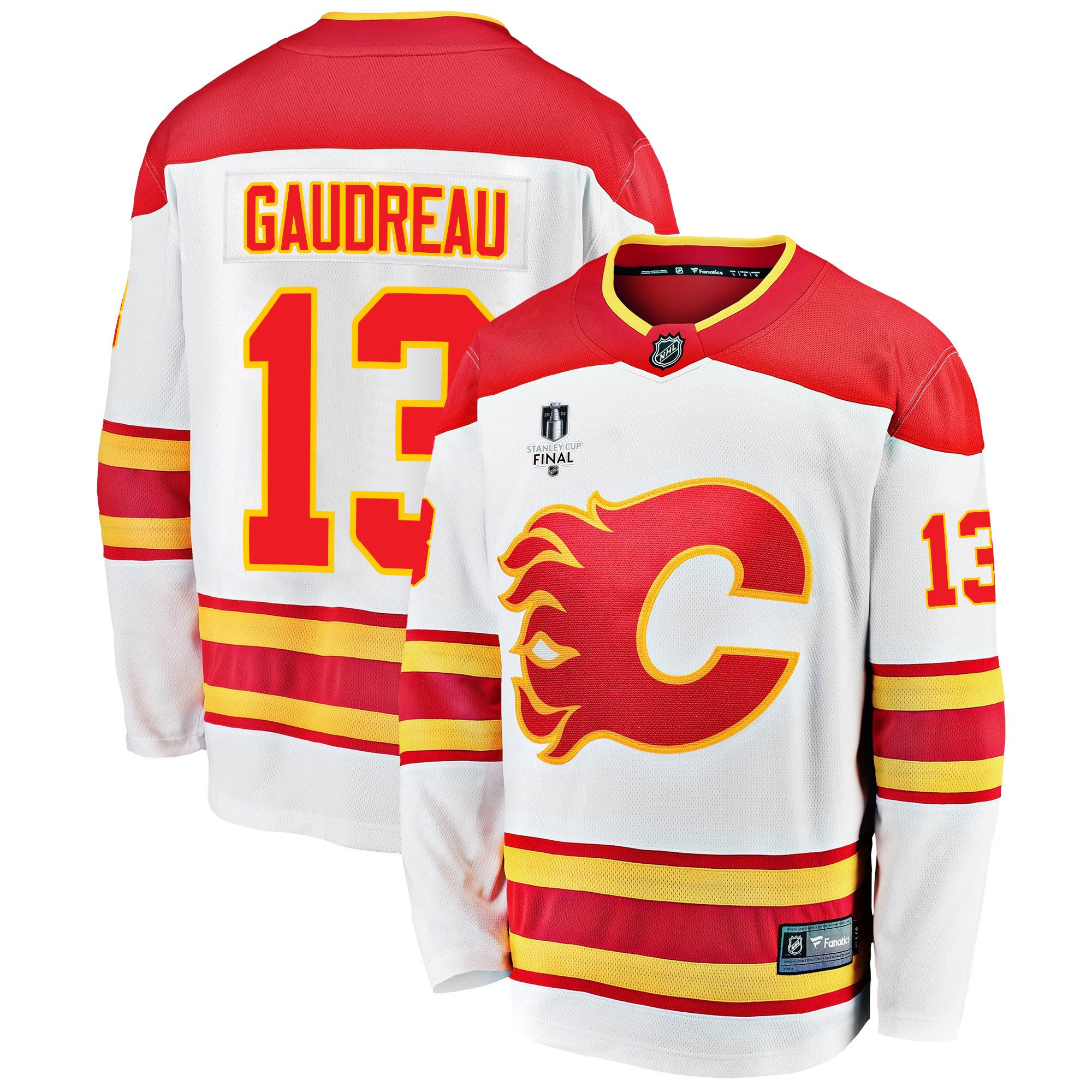 Calgary Flames Johnny Gaudreau 13 Away 2022 Stanley Cup Final Breakaway Men Jersey – White