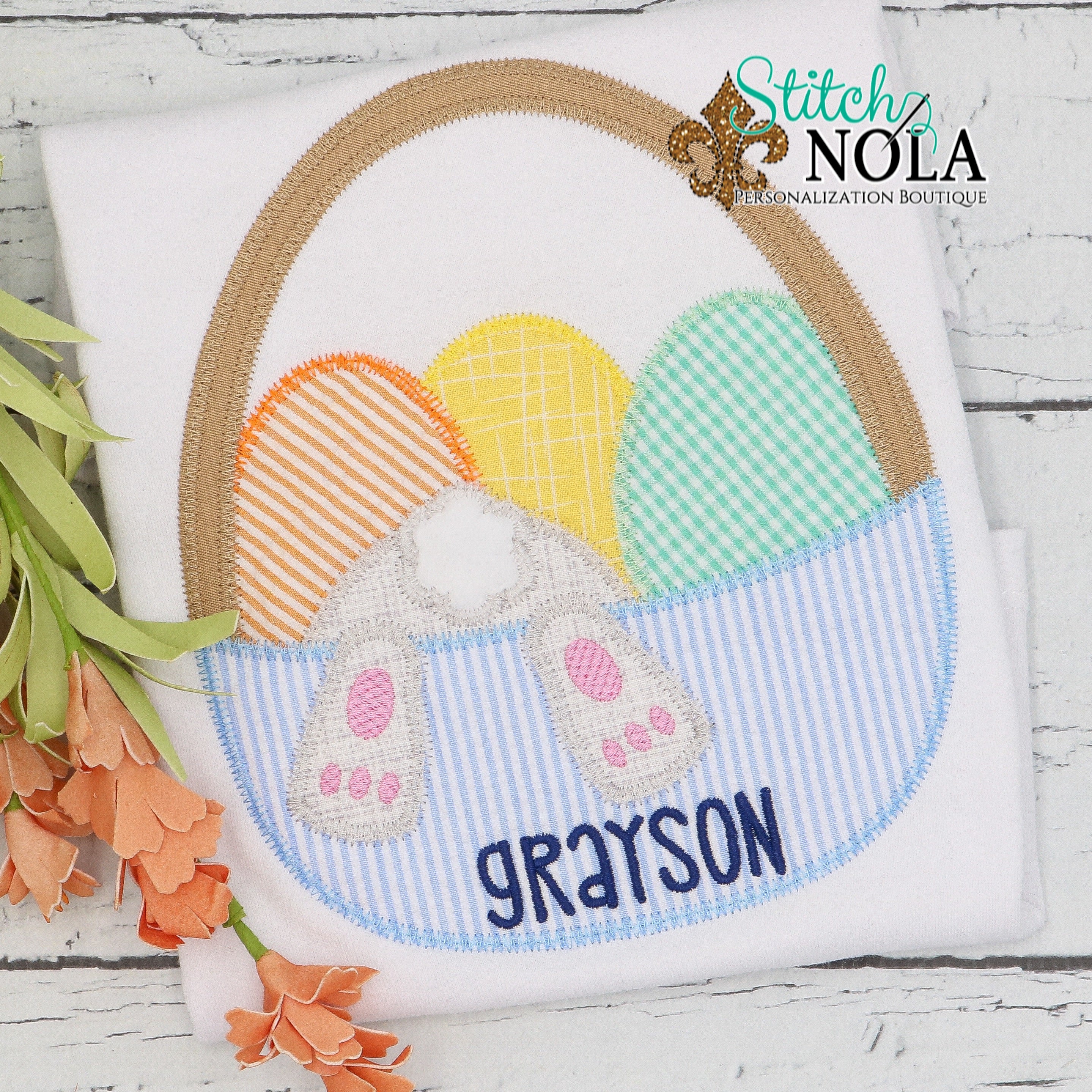 Personalized Easter Basket With Bunny & Eggs Appliqué Shirt