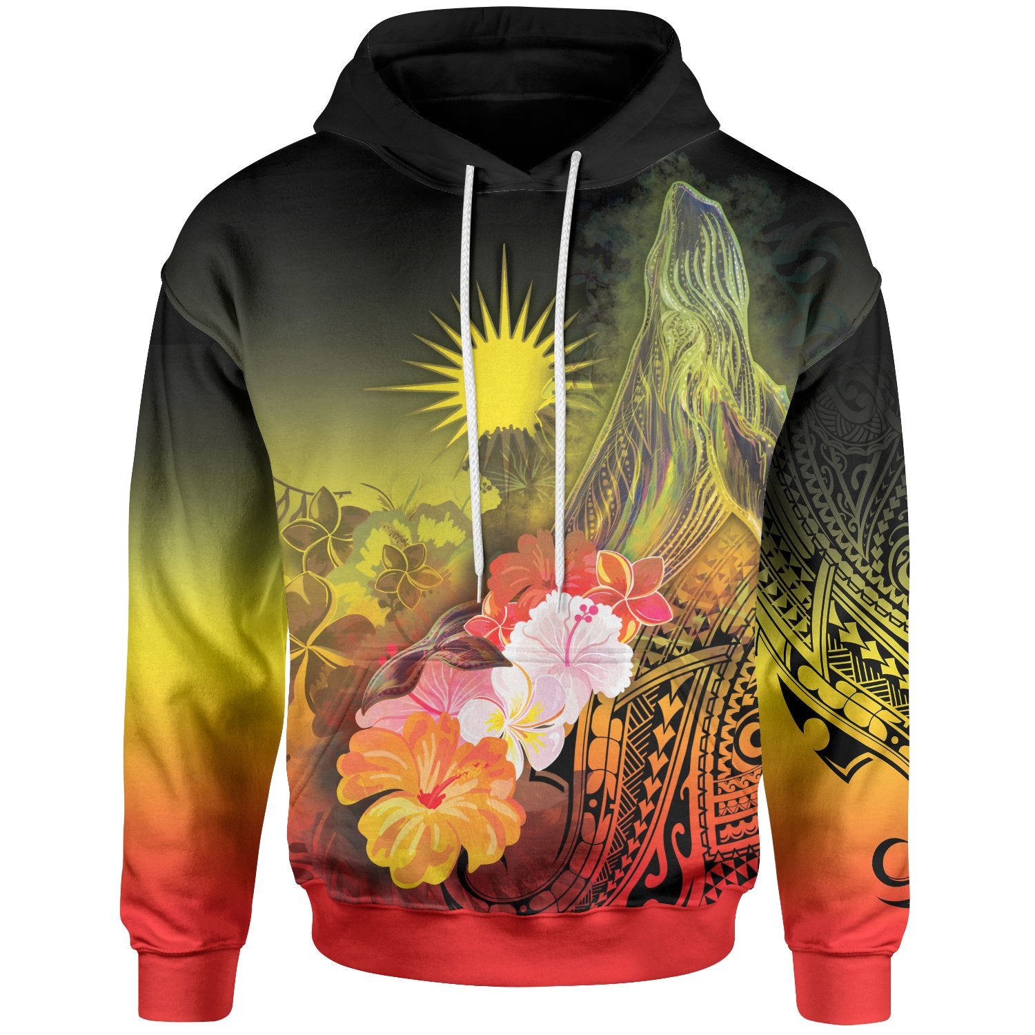 Marshall Islands Hoodie – Humpback Whale With Tropical Flowers (Yellow)