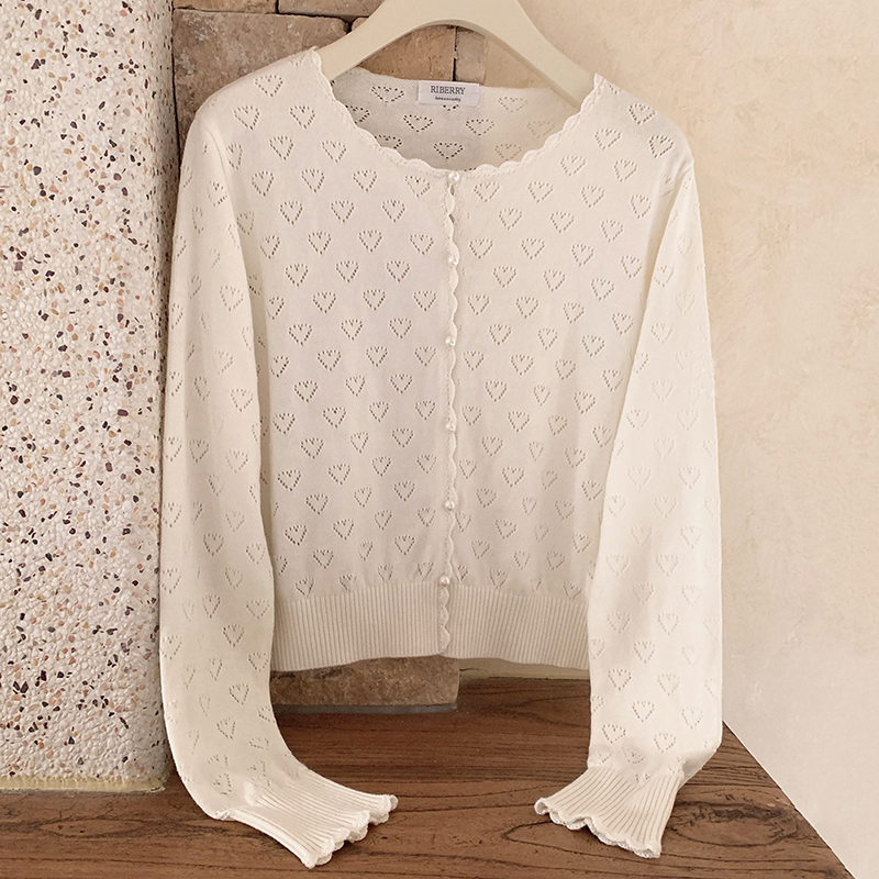 White Knitted Cardigan Women Summer Hand Crochet Lace Pearl Button Heart Hollow Out Sweater for Sweet Girl alx