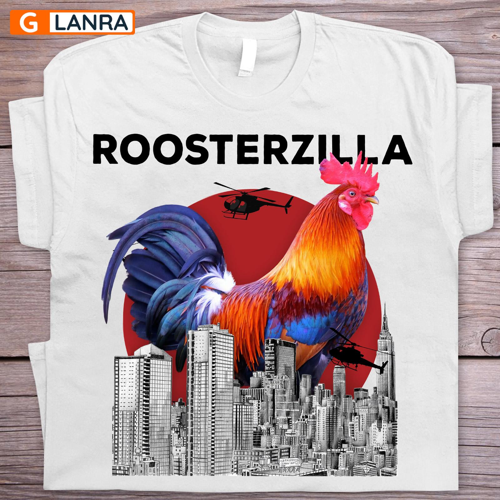 Roosterzilla Shirt, Rooster Shirt, Rooster Farm Shirt, Farm Animal Shirt, Rooster With Skyscraper And Helicopter Shirt, T-Shirt, Tee
