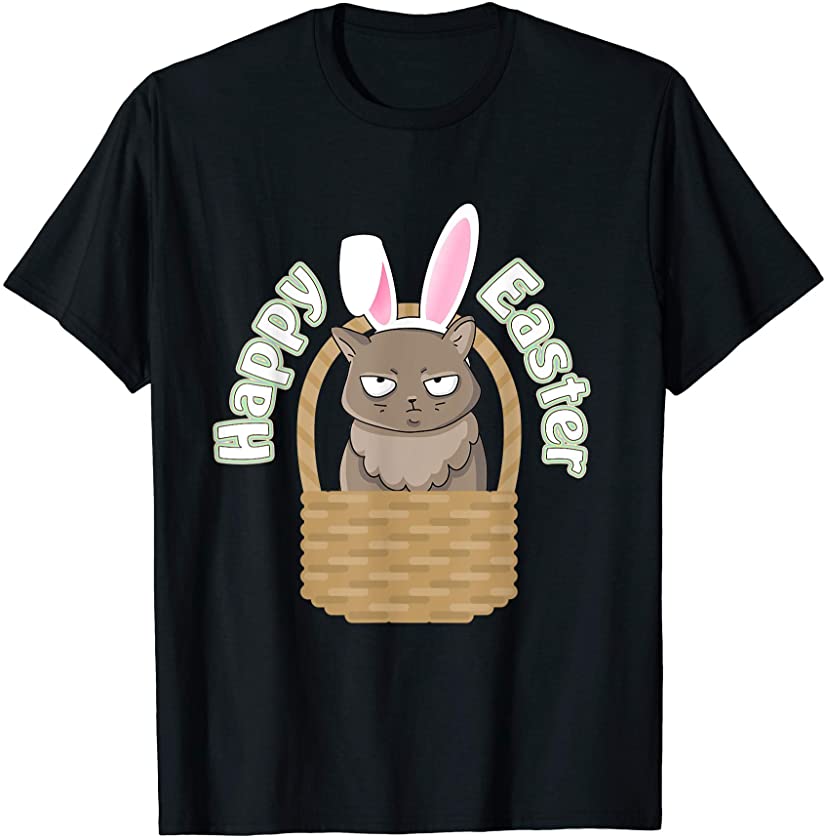 Cute Happy Easter Angry Cat in Basket with Bunny Ears T-Shirt