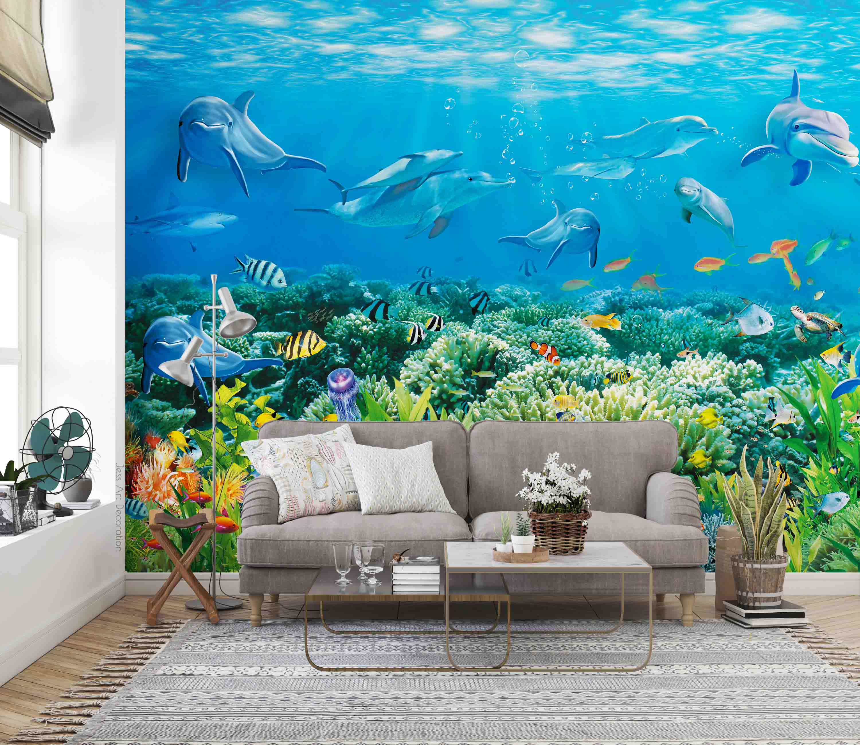 3D Blue Underwater World Dolphin Fish Coral Wall Mural Wallpaper Gd 2830