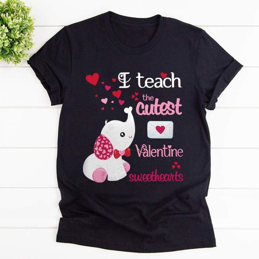 Valentine cute elephant i teach the cutest valentine sweethearts cute mail heart black cotton t shirt for men and women S-6XL