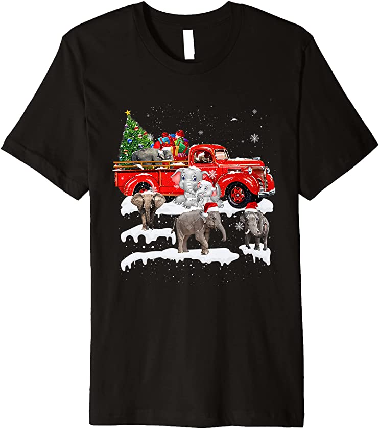 Red Truck Riding Elephants Santa Hat Xmas Tree Light Holiday Premium T-Shirt