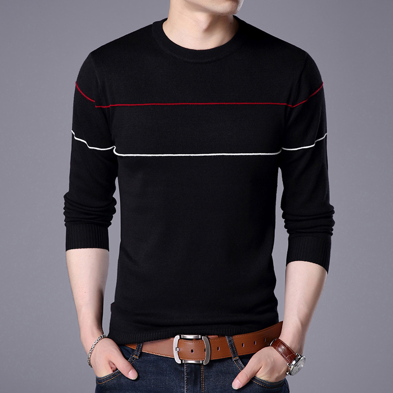 Autumn Men’s Knitted Sweater T Shirt Comfy O Neck Long Sleeve Pullover Stripe Patchwork Jumper Casual Bottoming Shirt for Winter alx