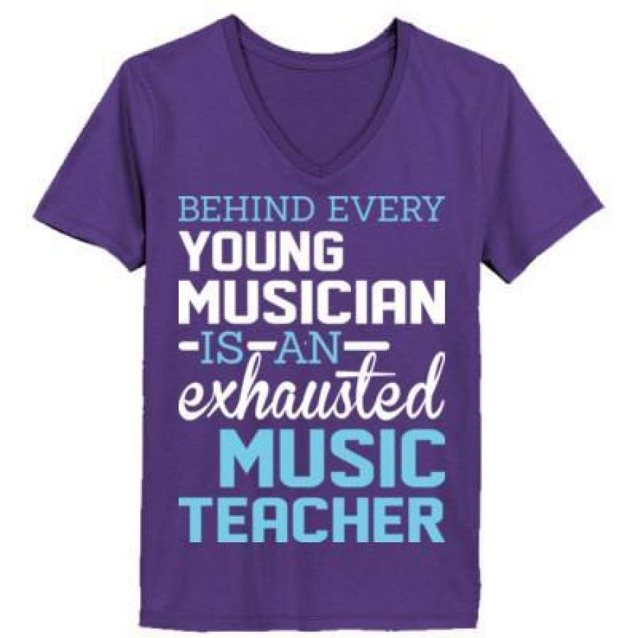 AGR Behind Young Musician Is An Exhausted Music Teacher – Ladies’ V-Neck T-Shirt