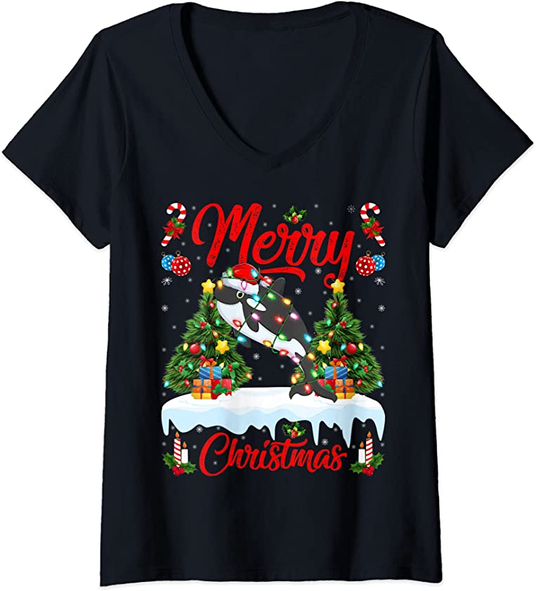 Womens Orca Lights Xmas Tree Funny Santa Orca Christmas V-Neck T-Shirt