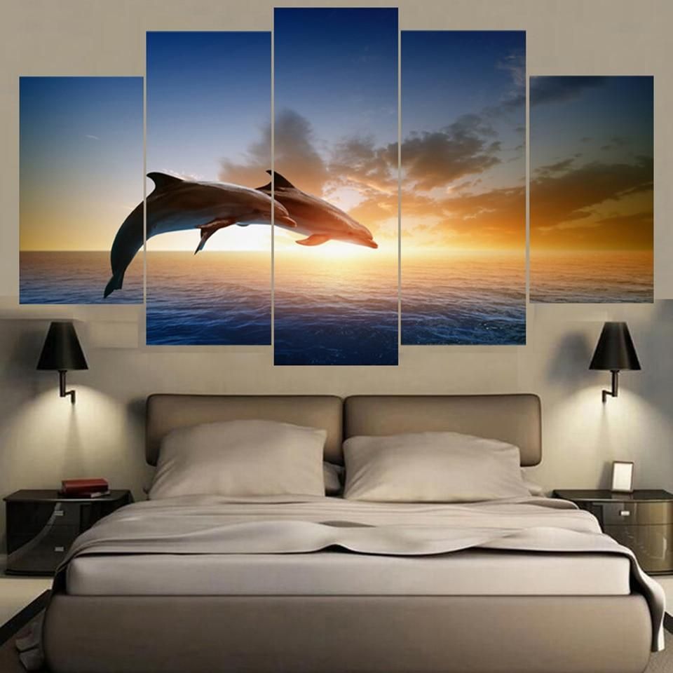 Jumping Dolphins 20  Animal 5 Panel Canvas Art Wall Decor