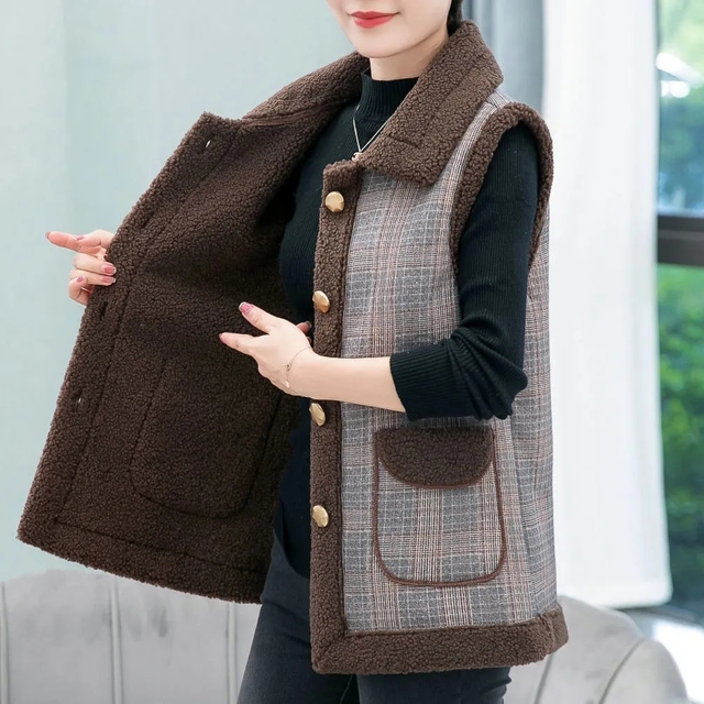 Women’s Autumn Winter Vest Thicken Cotton Plaid Sleeveless Coat Slim Lamb wool Waistcoat Vest Jacket Casual Female Outwear Tops alx