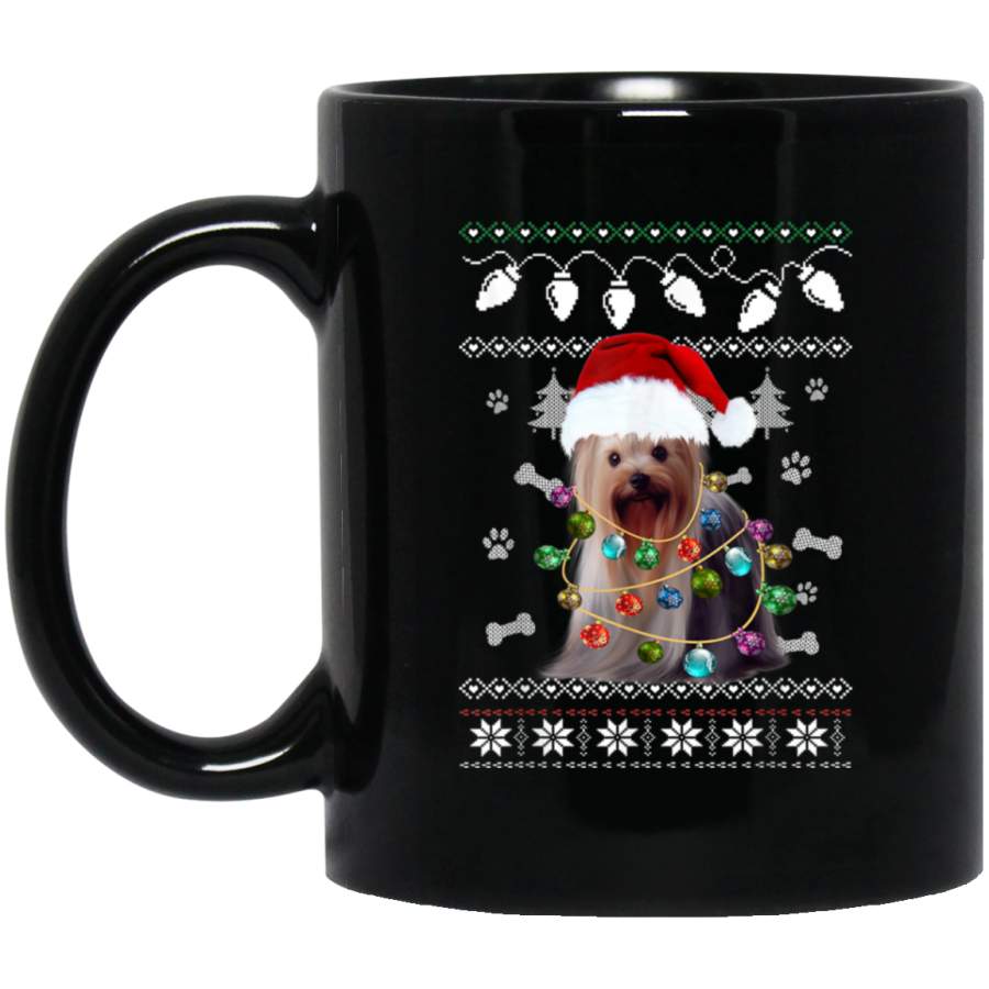 Yorkshire Terrier Christmas Dog Light Ugly Sweater  11 oz 15 oz Mug Black