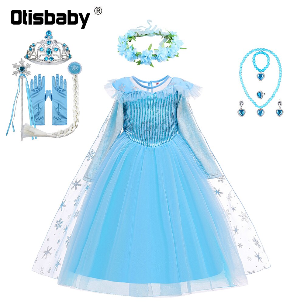 Snow Queen Christmas Girls Elsa Dress Light Blue Tulle Lace Sequin Dresses Fancy Fairy Elsa Anna Carnival Costume Kids New Year alx