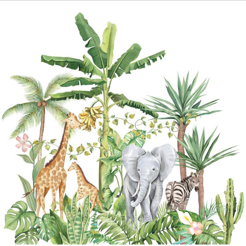 Tropical Rainforest Jungle Animals Elephant Giraffe Nordic Plant Wall Stickers Sofa Kids Bedroom Background Corridor Decoration alx