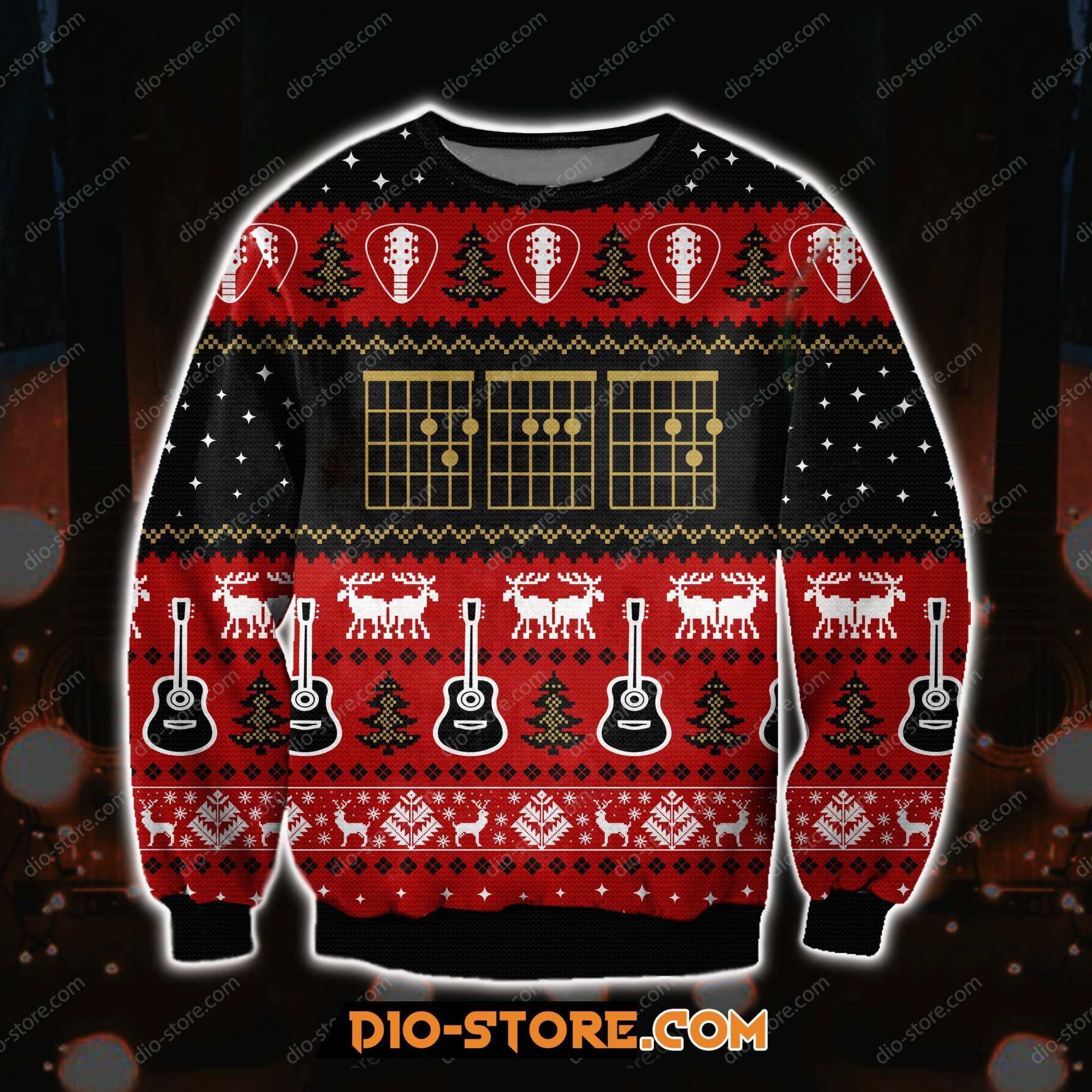 3D Print Knitting Pattern Guitar Ugly Christmas Sweater Hoodie All Over Printed Cint10177