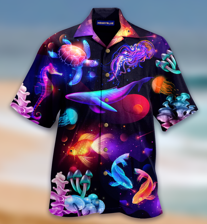 Galaxy Universe Fishes Whale Turtle Golden Fish Sea Creature Neon Glow Hawaiian Shirt 3D Summer Gifts