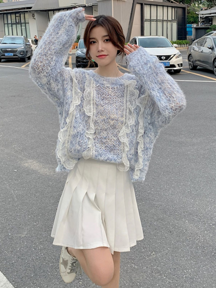 Spring Fall Goth Lolita Sweater Women Sweet Lace Patchwork Knitted Top Korean Fashion Kawaii Knitwear Sweaters Girly Y2k Clothes alx