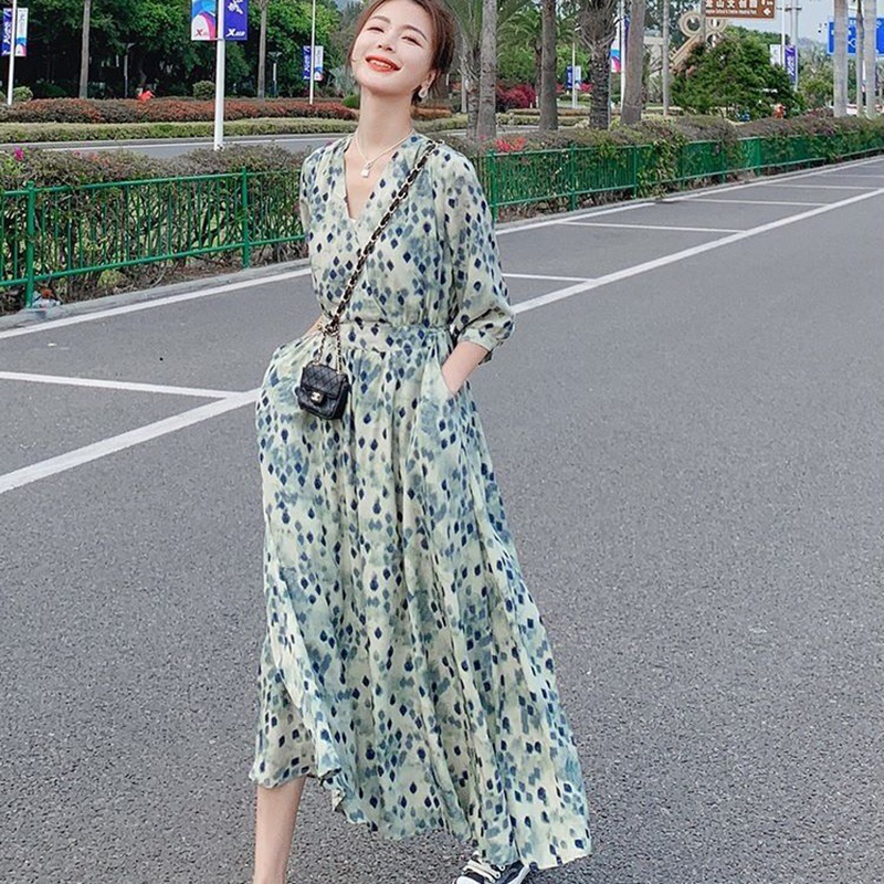 2021 Dress Women Clothing Dress Suits ‘s Long Maxi New Floral Print Summer Chiffon V-neck Waist Was Thin Mori-style Plus Size alx