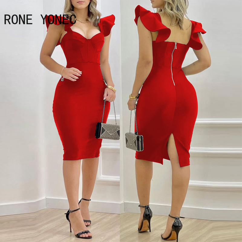 Women Solid Sexy Flying Sleeves Tank Midi Zipper Small Silt Bodycon Working Dresses alx