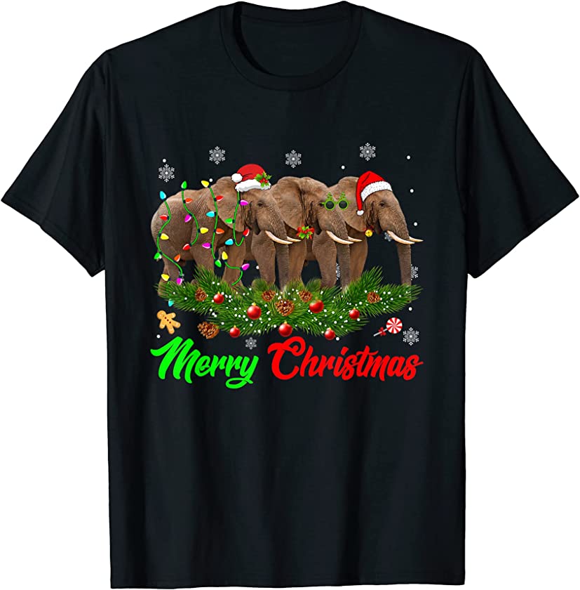 Funny Christmas Pajama Elephant Hat Santa Xmas Lights T-Shirt