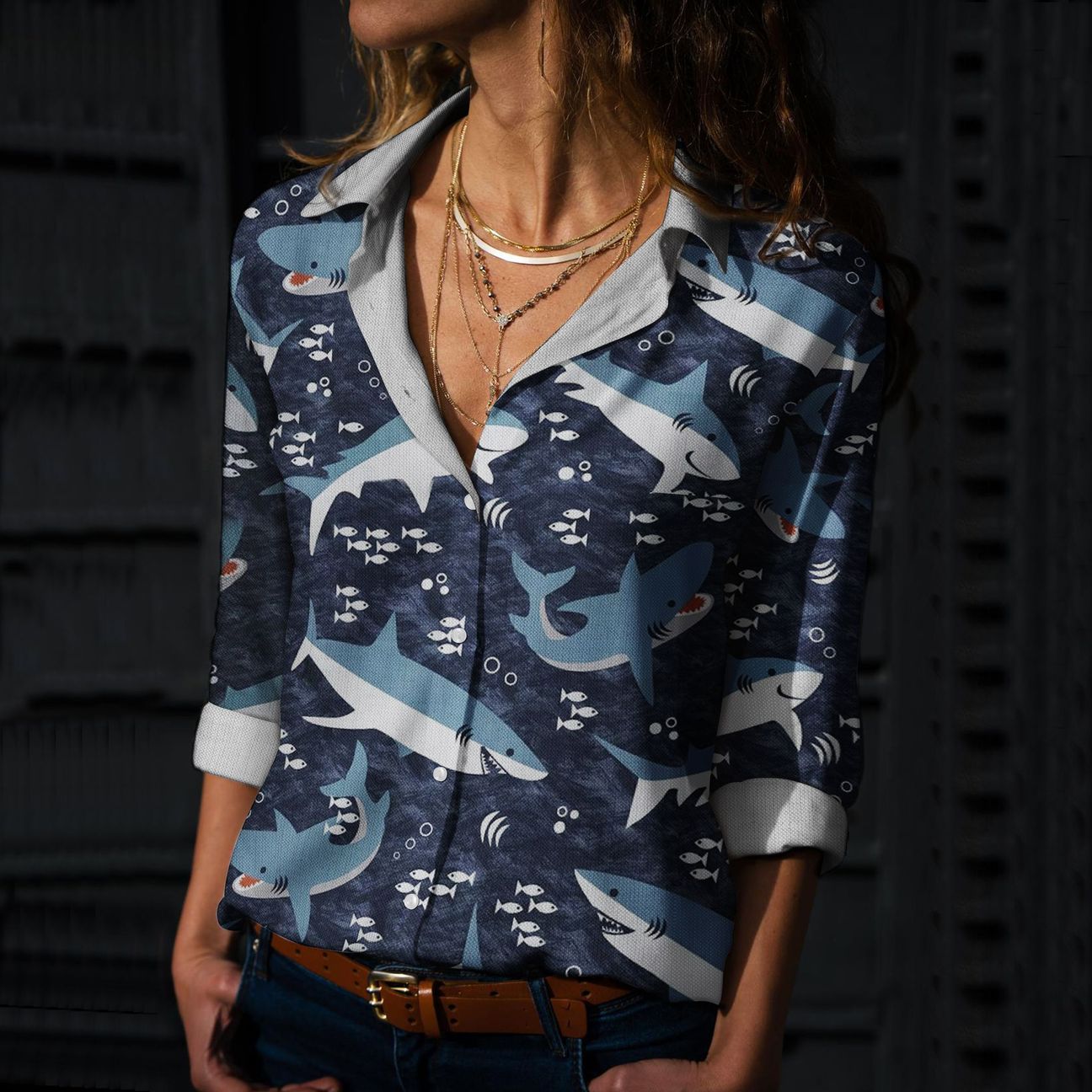 Sharks In Ocean Cotton And Linen Casual Shirt For Men and Women, Unisex