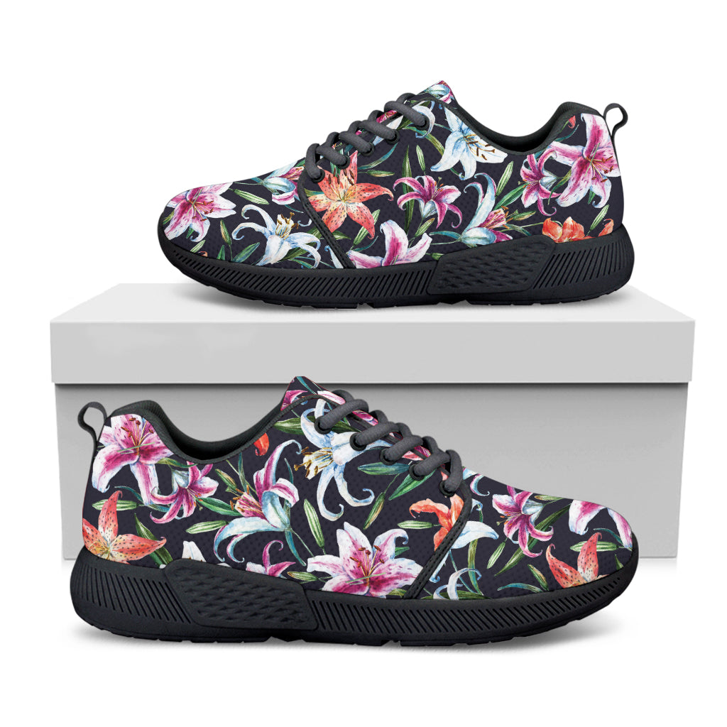 Watercolor Lily Flowers Pattern Print Black Athletic Shoes